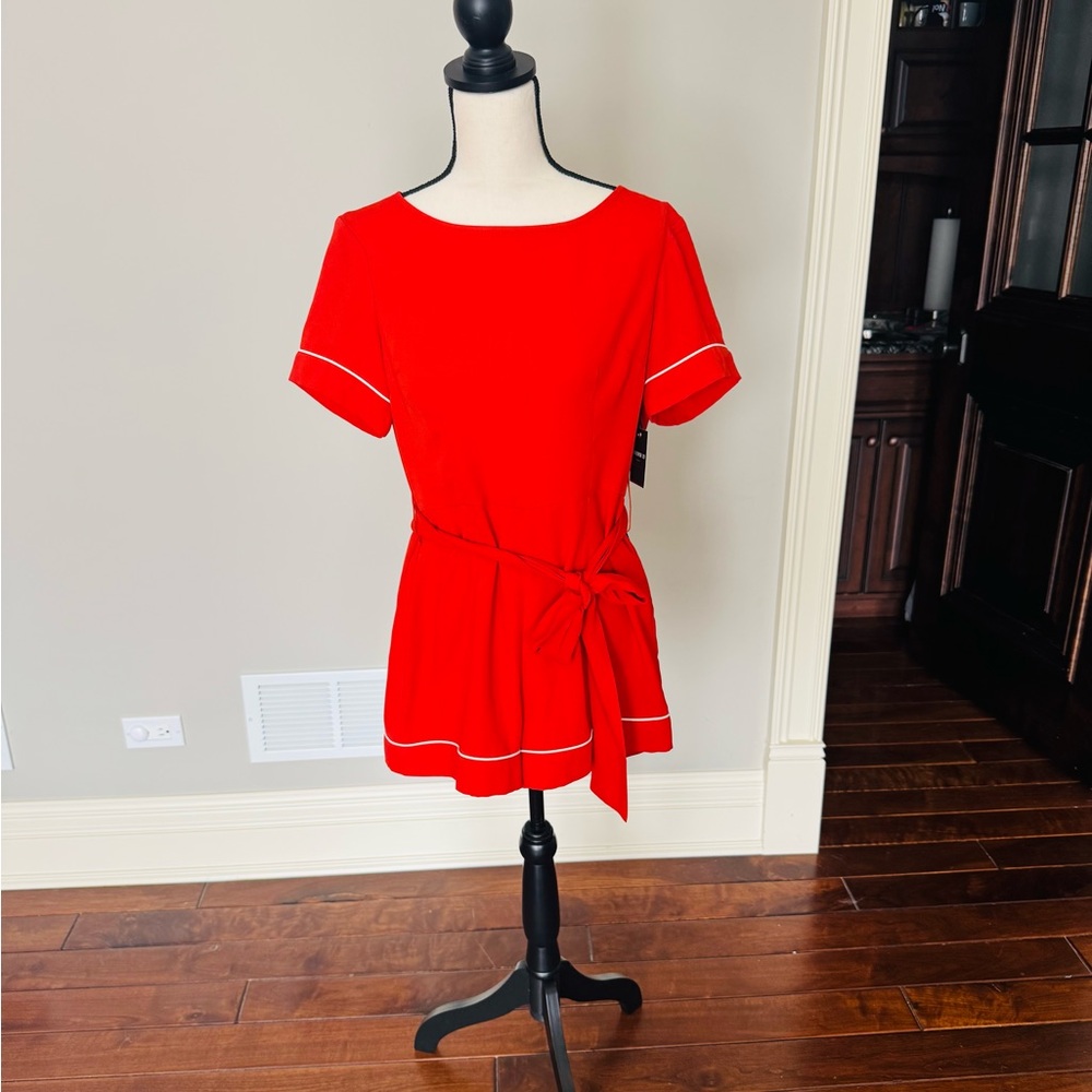 Red Short-Sleeve Tie-Waist Romper with White Piping